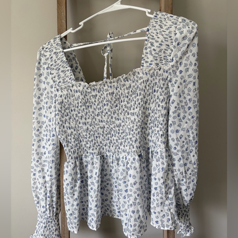 Pink Lily White Blouse with Blue Floral Smocked Bodice